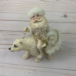 Kurt Adler Santa Claus Riding Polar Bear Figurine Resin Faux Fur Trim